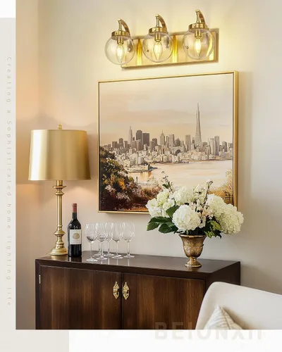 Vista 6 de Beionxii BX-VL03BG-3CG - Lámpara de tocador de baño de 3 luces de oro cepillado, modernas luces de tocador con pantalla de vidrio transparente