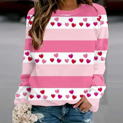 Vista 2 de Linda sudadera con estampado de corazón para mujer, casual, cuello redondo, manga larga, camisetas de primavera a la moda