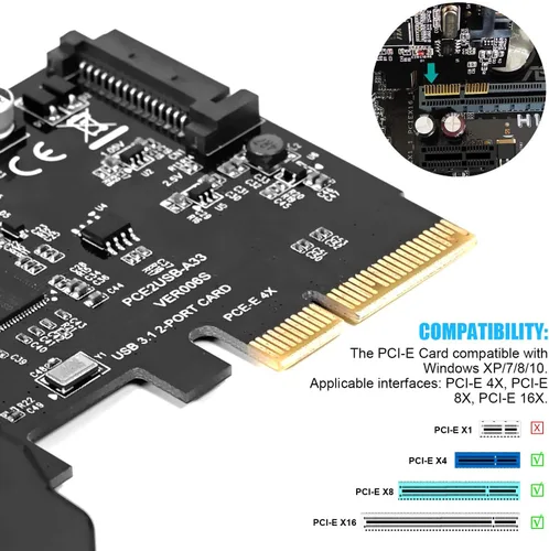 Vista 3 de PCI Express 4X USB 3.1 Gen 2 Tarjeta de expansión de puertos de doble tipo A, adaptador de extensor de tarjeta Pcie de 10 Gbps de 2 puertos
