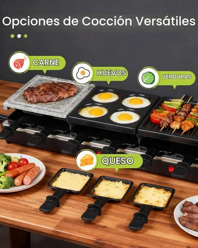 Vista 8 de Parrilla de Mesa Raclette - Parrilla Eléctrica Interior con Plancha - Antiadherente Extra Grande Reversible 4 en 1 para Exteriores Apta