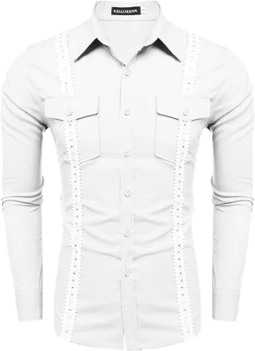 Vista 4 de KELLORENA Camisas de guayabera cubana de manga larga con botones, estilo mexicano, camisas de algodón para campamento
