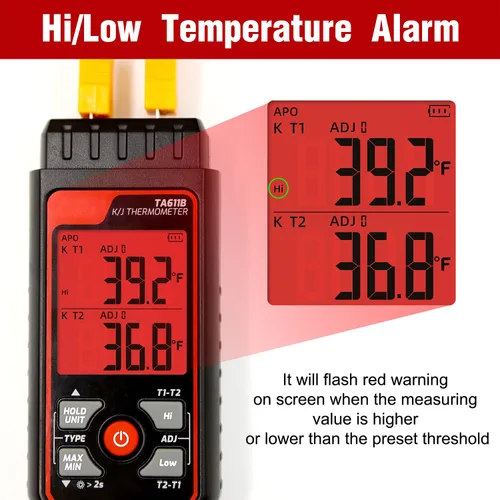 Vista 4 de Termómetro de termopar digital de doble canal tipo K/J -328 ~ 2501℉ Medidor de temperatura HVAC con 4 sondas de termopar tipo k, alarma