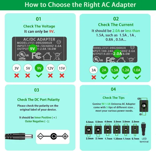 Vista 3 de Adaptador de fuente de alimentación de 9 V, 2 A, CA 100-240 V a CC 9 V, certificado UL, compatible con 9 voltios, 2 A, 1.5 A, 1 A, 0.5 A, 2000 mA