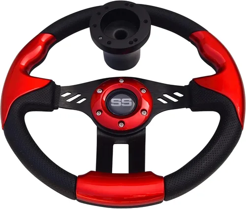 Vista 6 de Huskey E-Z-GO - Volante rojo con radios cepillados, agarre de textura de fibra de carbono, adaptador de cubo negro mate para medallista TXT RXV