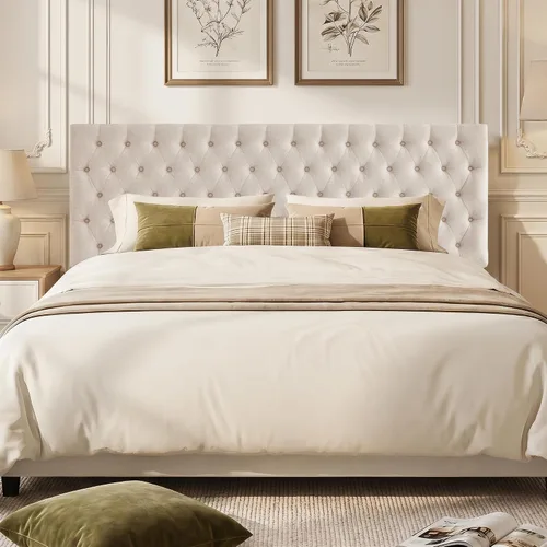 Vista 3 de Kingfun Cabecera tapizada de tamaño Queen solamente, cabeceros capitoné de lino de alta calidad, cabecero ajustable de madera maciza, cabecera Beige