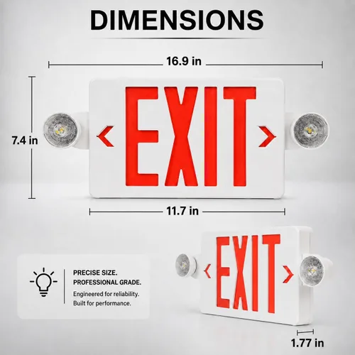 Vista 7 de Señal de salida LED rojo con luces de emergencia, dos luces de salida de emergencia de cabeza ajustable con batería de respaldo, lámpara LED dual