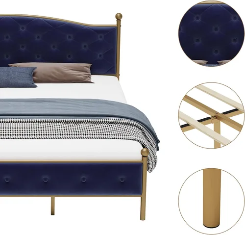 Vista 6 de Base de cama tapizada de tamaño matrimonial con botones y tela de terciopelo, base de colchón resistente con marco de metal y listones de madera