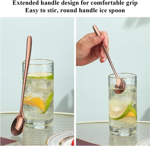 Vista 6 de Evanda Juego de 12 cucharas de té helado de mango largo de oro rosa, cucharaditas de acero inoxidable chapadas en titanio, cucharas para remover