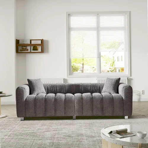 Vista 6 de Sofá moderno de burbujas de 87.4 pulgadas con 2 almohadas, sofá Boucle de alta calidad, sofá de 3 plazas, sofá biplaza mullido con cojines de espuma