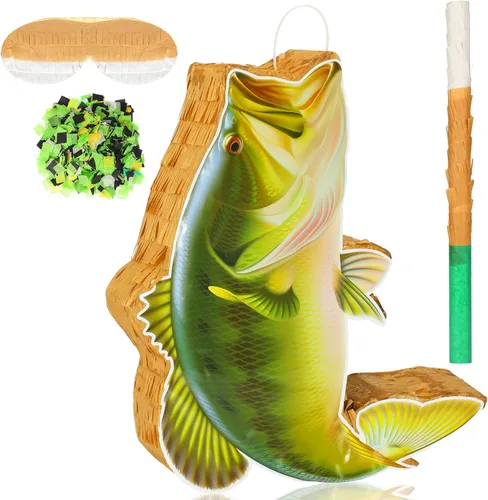 Vista 11 de Juego de pesca de piñata de pez verde, piñata oceánico bajo el mar, suministros para decoración de fiesta de adultos con palo de murciélago