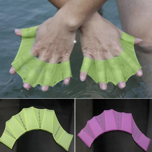 Vista 3 de Polytree Aletas de silicona para equipo de natación, aletas de malla a mano, guante de entrenamiento (verde, L)