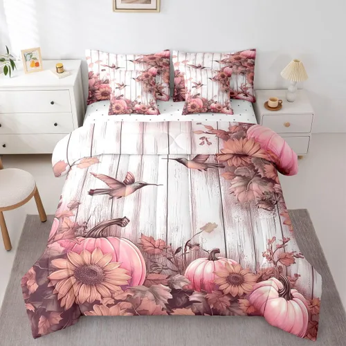 Vista 10 de Feelyou Fall Pumpkin Comforter Set with Sheets 7 Piece Twin Size Autumn Bed in a Bag Kids Boys Girls Pumpkin Maple Leaf Bedding Set Hummingbird Beig