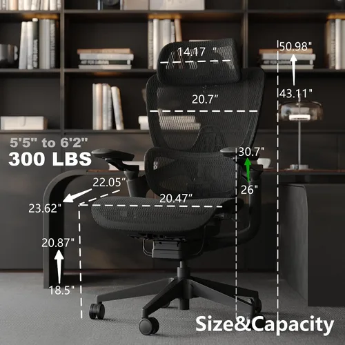 Vista 3 de Silla de oficina ergonómica, silla de escritorio grande y alta para el hogar con soporte lumbar 3D ajustable, reposabrazos 5D, reposabrazos 4D Negro