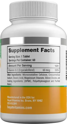 Vista 3 de HAYAT Vitaminas Veganas Naturales Vitamina D 2400 UI, D2, Certificado Halal (Paquete de 3)