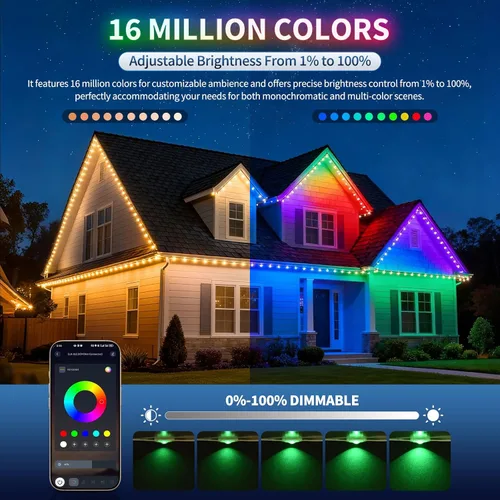 Vista 3 de Luces permanentes para exteriores de 100 pies con 50 LED, 16 millones de colores DIY RGB Christmas Lights, App/Remote Control, 33 Scene Modes, 216