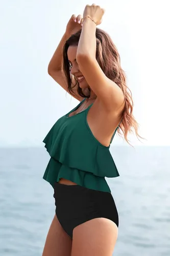Vista 3 de Trajes de baño tankini para mujer, con diseño floral y volantes en la parte superior, sin mangas, con cintura alta que disimula el abdomen