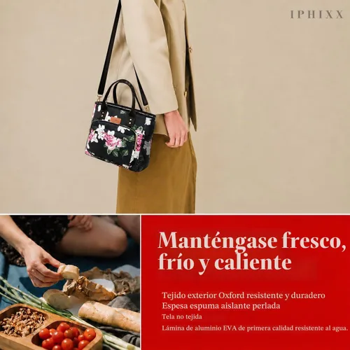 Vista 2 de iPhixx Bolsa de almuerzo aislada para mujer, bolsa de almuerzo ligera y reutilizable, lonchera para mujer con correa ajustable para el hombro, bolsa