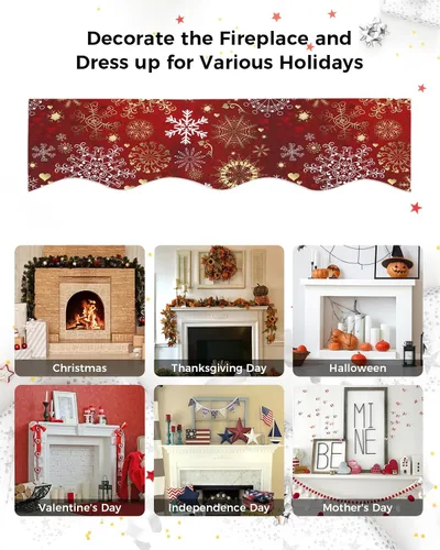 Vista 4 de Bufanda de Navidad para chimenea, copo de nieve, bufanda de mantel de Navidad, bufandas de mantel en la parte superior, bufandas blancas, rojas