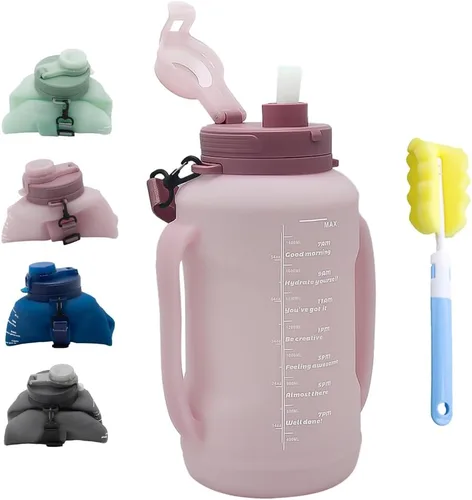 Vista 10 de Botella de agua plegable de silicona de 64 onzas con pajilla, sin BPA, botella de viaje plegable portátil para gimnasio, senderismo, campamento Negro