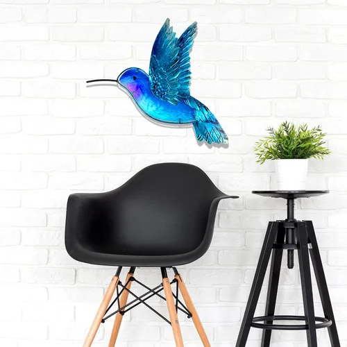 Vista 7 de John's Studio Decoración de Pared de Colibrí de Metal Arte de Vidrio para Baño Escultura de Hierro Decoración Colgante Exterior para Hogar Azul