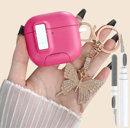 Vista 8 de Bonita funda rosa para Airpods de 4 generación con cerradura y llavero de mariposa brillante para mujeres femeninas, funda rígida transparente única