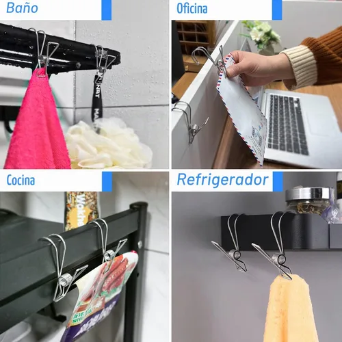 Vista 5 de 12+2 piezas de clip de acero inoxidable 304 con gancho, clips duraderos para colgar, perchas multifuncionales resistentes para uso para artículos