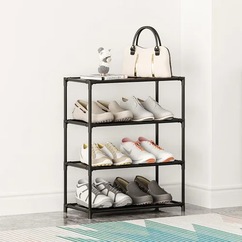 Vista 2 de Zapatero pequeño de 6 a 8 pares de estantes resistentes para zapatos de 4 niveles, organizador de zapatos estrecho apilable, estantes ligeros