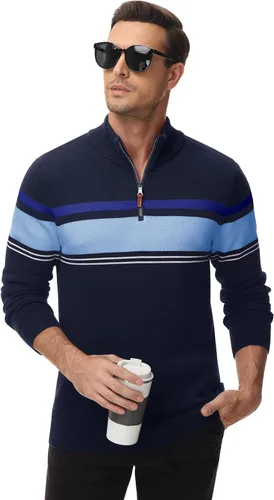 Vista 3 de MAGCOMSEN Suéteres de algodón con cremallera de 14 para hombre, suéter tipo polo, a rayas, para otoño e invierno, sudaderas cálidas