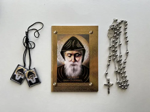 Vista 3 de Conjunto de San Charbel:"Novena San Charbel" Libro de Rezo, Rosario de Inoxidable y Estatua de San Charbel