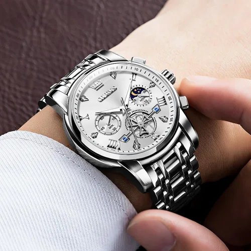 Vista 3 de OLEVS Relojes para hombre de plata, reloj de cronógrafo de acero inoxidable para hombre, reloj analógico de cuarzo de cara grande para hombre