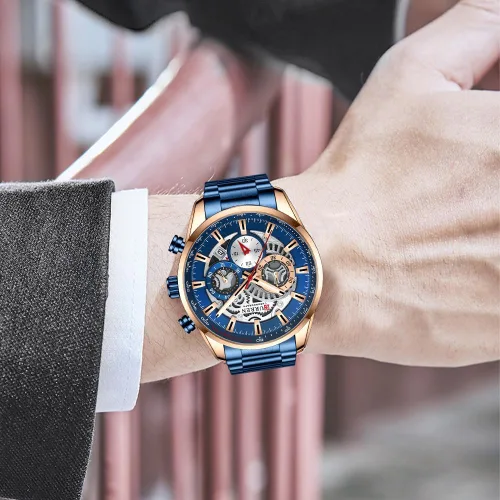 Vista 4 de FANMIS Relojes de lujo para hombre, cronógrafo de negocios, impermeable, de acero inoxidable, analógico, de cuarzo, reloj de pulsera B Azul