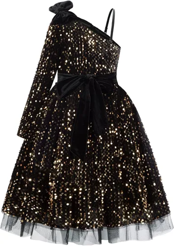 Vista 2 de GRACE KARIN Vestido de lentejuelas para niñas, vestido de fiesta brillante de un hombro con lazo para el cabello