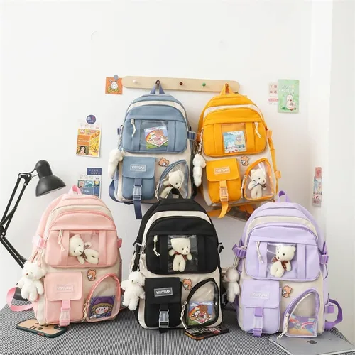 Vista 6 de HOKMAH Mochila Kawaii con pin Kawaii y accesorios, linda bolsa Y2K Ita Bag Daypack Itabag bolsa de uso diario bolsa de hombro, rosa con colgante
