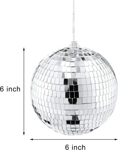 Vista 2 de Paquete de 4 bolas de discoteca de espejo, bolas de discoteca colgantes plateadas de 6 pulgadas con cuerda adjunta para una fiesta o efecto de luz