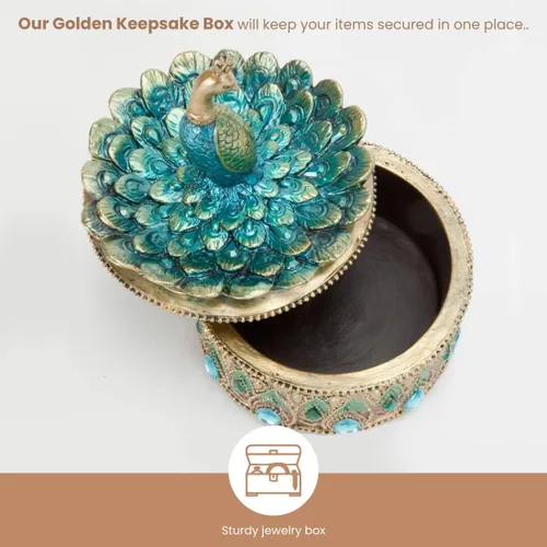 Vista 6 de Bits and Pieces - Caja de recuerdo de pavo real - Arte de pavo real - Joyero dorado