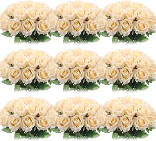 Vista 18 de Jexine 100 piezas de rosas artificiales a granel, ramo de rosas de seda falsas realistas de tallo largo para centros de mesa, jarrones, bodas, Beige