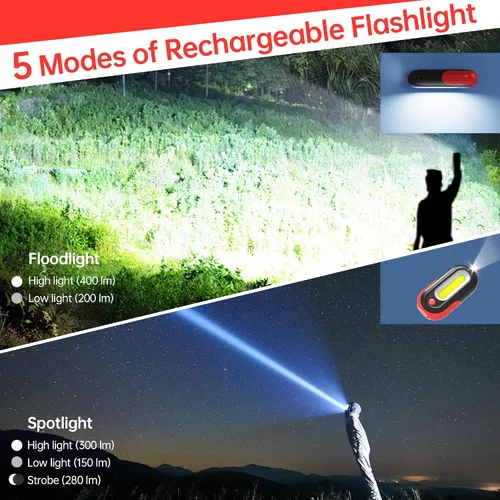 Vista 2 de Luz de trabajo magnética recargable, luz de trabajo LED de 400 lm con reflector y proyector COB, 5 modos, tiempo de ejecución de 3 a 7 horas