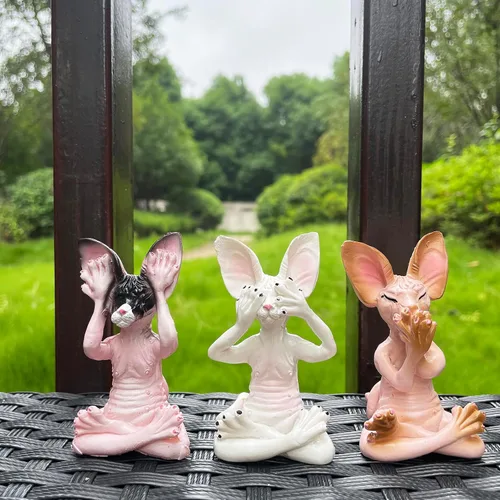 Vista 2 de Juego de 3 estatuas de gato Sphynx sabio Ver escuchar hablar no mal Zen meditando yoga gatos estatuilla esculturas de Buda 3.3 pulgadas de alto