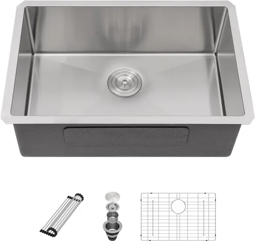 Vista 10 de Sarlai Gold Fregadero de Cocina Empotrado - Fregadero de Cocina de 28 Pulgadas Empotrado de Acero Inoxidable Dorado Tazón Individual de 28" x 19
