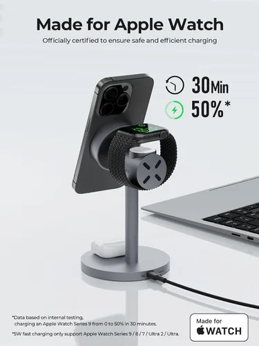 Vista 10 de MagFusion - Estación de carga 3 en 1 compatible con MagSafe, soporte de cargador inalámbrico magnético de 15 W, certificado Qi2, para iPhone