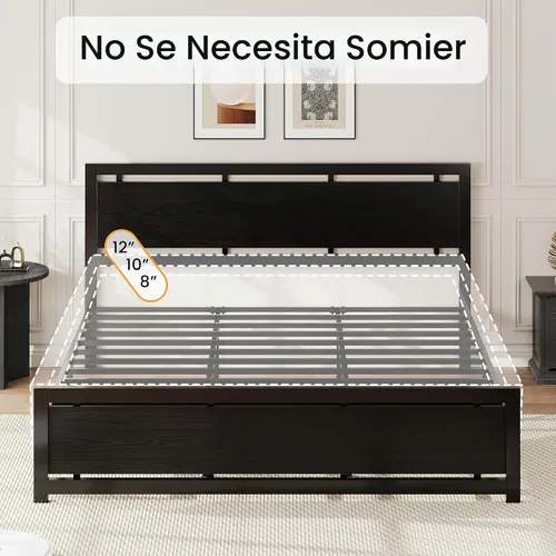 Vista 7 de LIKIMIO Base de cama tamaño King con cabecero y estribo Negro