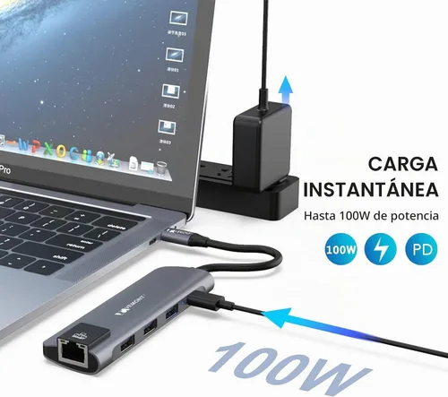 Vista 5 de VEMONT Adaptador multipuerto USB C 5 en 1, Gigabit Ethernet, 3 puertos USB 3.0, estación de acoplamiento de carga PD de 100 W compatible con MacBook