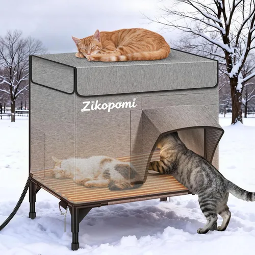 Vista 9 de Zikopomi Casa climatizada para gatos para exteriores con base elevada, casa para gatos al aire libre con 2 puertas de escape seguras, diseño