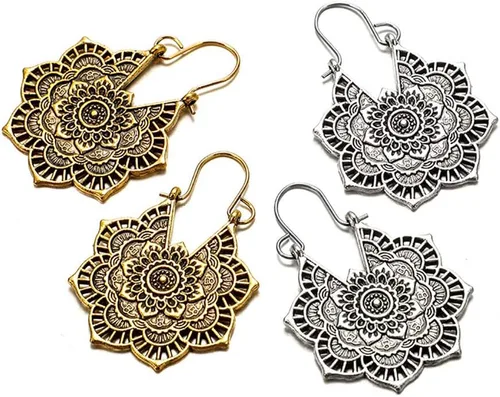 Vista 3 de DOUBNINE Pendientes gitanos étnicos de flores antiguas cuelgan pendientes retro estilo vintage boda nupcial joyería bohemia (plata), Zinc, No es una