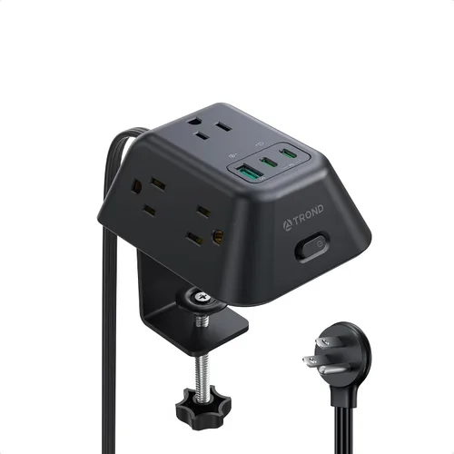 Vista 12 de Abrazadera de escritorio para tira de alimentación, protector de sobretensiones con 5 tomas de CA y 3 puertos USB, estación de carga de montaje