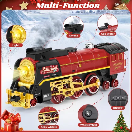 Vista 2 de Juego de tren de Navidad para alrededor debajo del árbol, tren eléctrico para árbol de Navidad con control remoto, sonido, humo y luz, locomotora