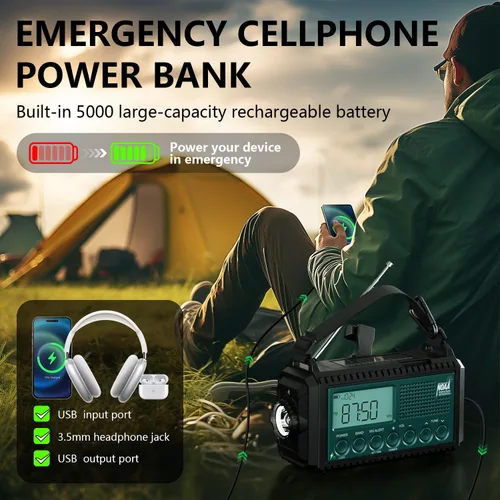 Vista 4 de AUTO NOAA Radio de emergencia de alerta, manivela solar portátil AM FM radio meteorológica de onda corta para supervivencia, radio a