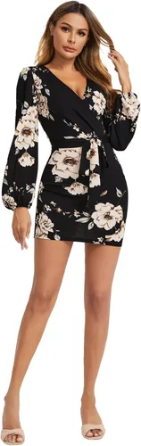 Vista 5 de Floerns Vestido corto de manga larga con cuello en V y estampado floral para mujer