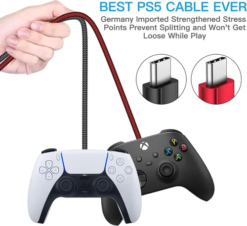 Vista 4 de Cable de carga para controlador PS5 – Paquete de 2 cables de datos tipo C a USB A de 10 pies, cable de sincronización de alta velocidad