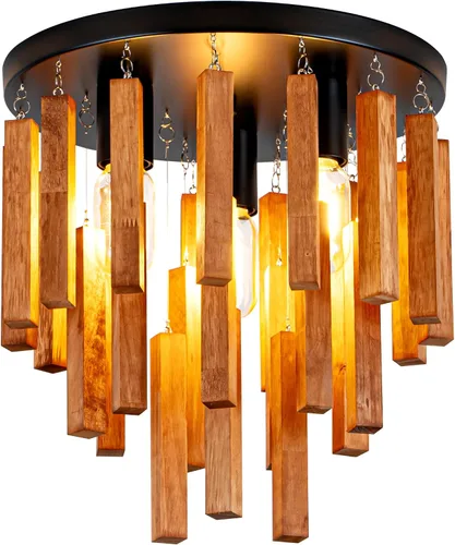 Vista 12 de Lámpara de Techo Estilo Granja, Lámpara de Techo Empotrada Redonda de 2 Luces con Marco de Madera y Metal, Luminaria Rústica Negra para Pasillo